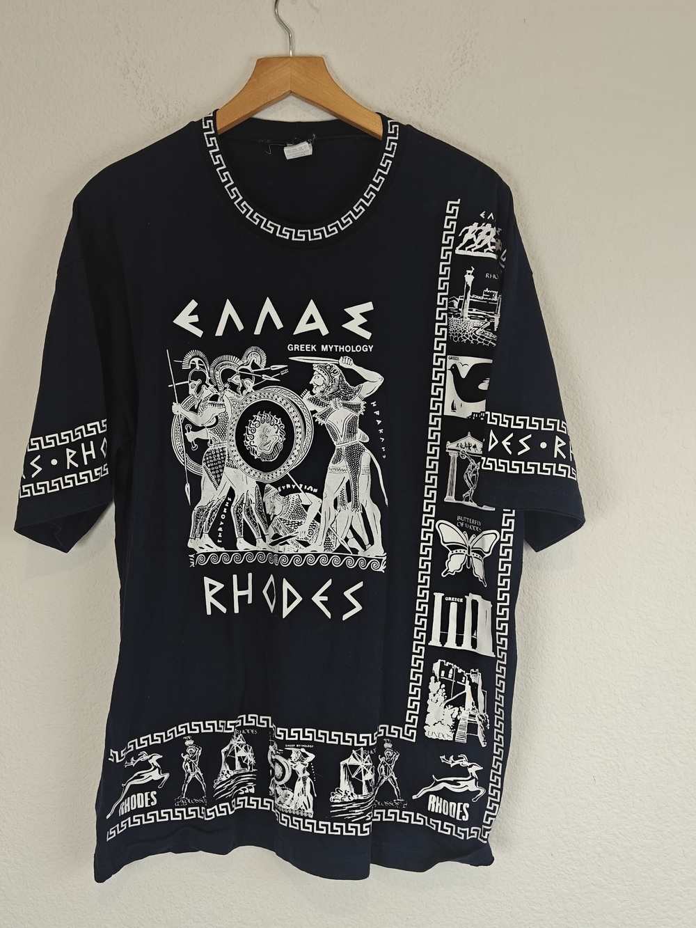 Vintage 90s Greek Mythology Rhodes Graphic Tee Black Warrior Streetwear Shirt L